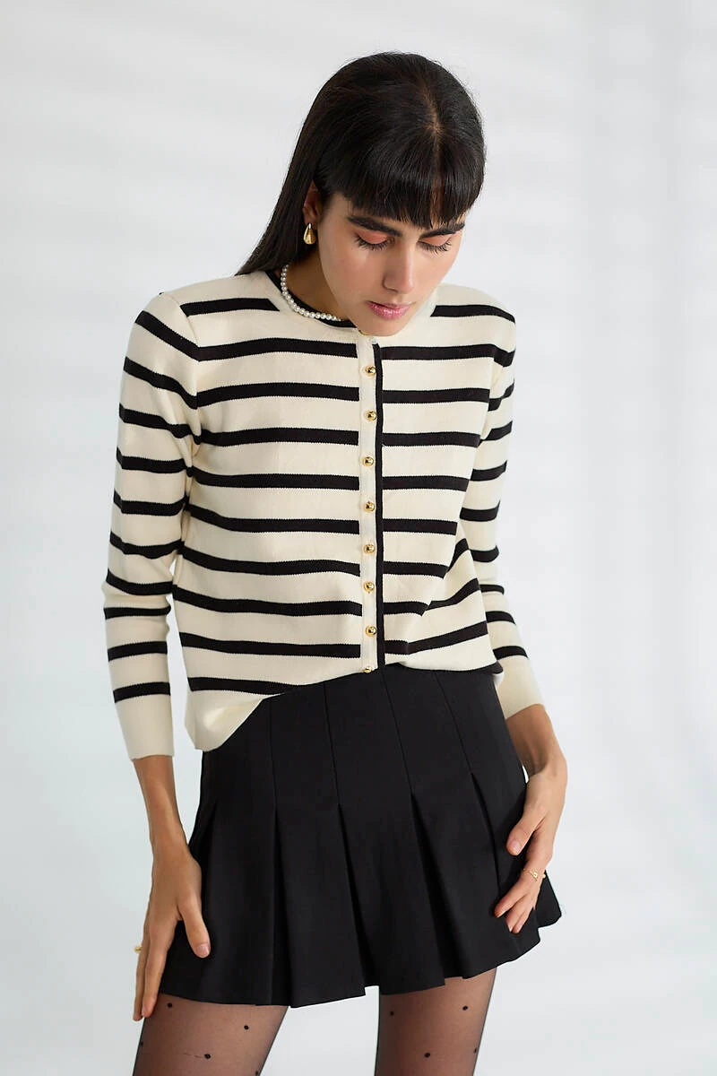 Cemo Basic Düğmeli Çizgili Uzun Kollu İnce Triko - Taş-Kahve