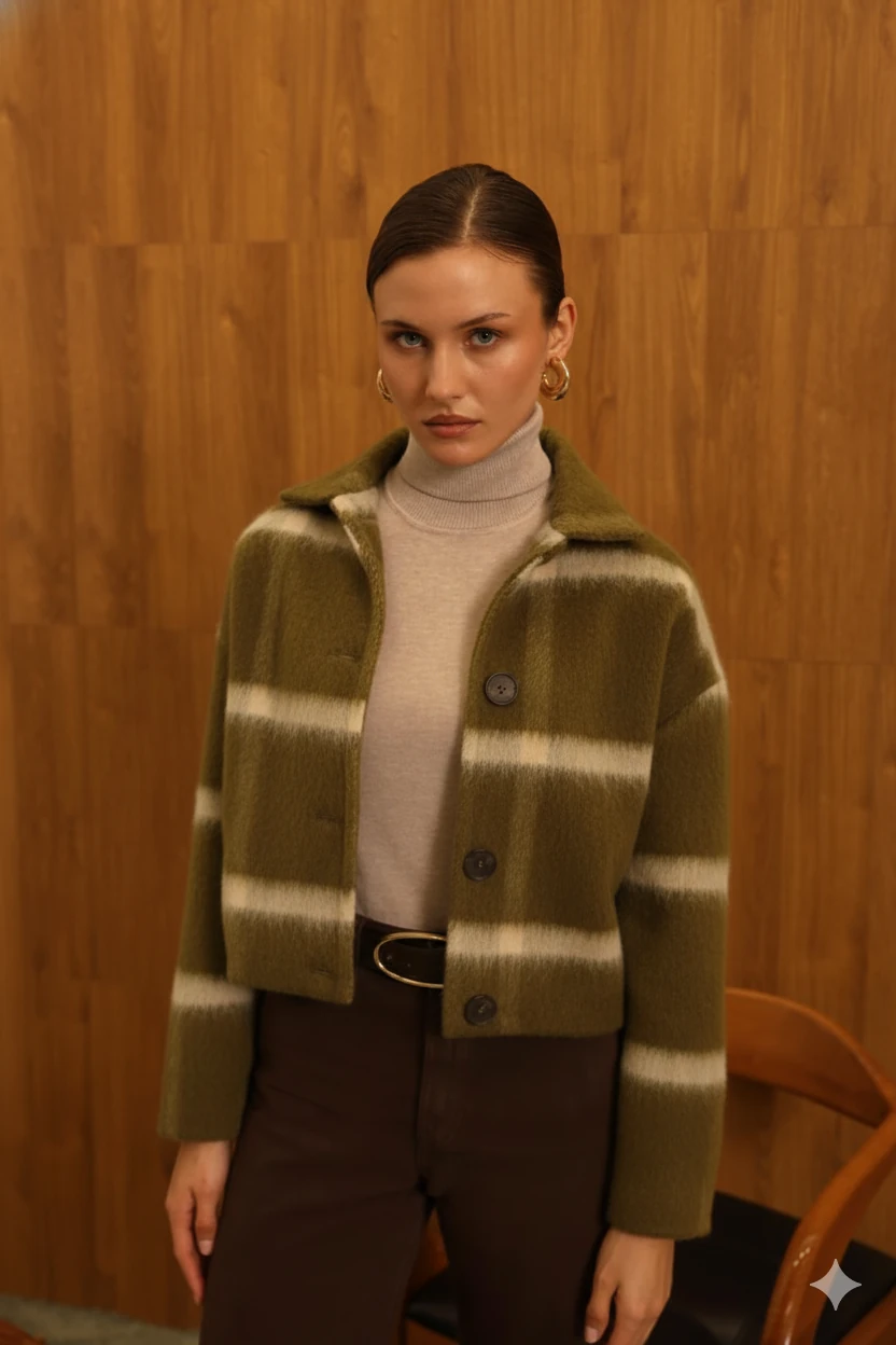 Kadın  Çizgili Örme Triko Hırka Ceket Düğmeli Kışlık Kalın Badi Ceket - HAKİ