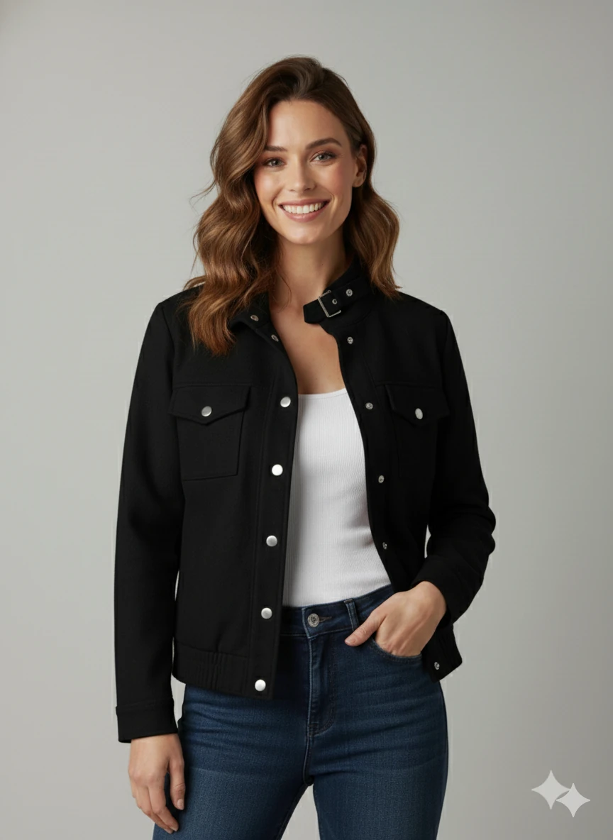 Kadın Taba Zarif Kısa Ceket Toka Detaylı Dik Yaka Cepli Süet/Kaşe Baharlık Ceket - Siyah
