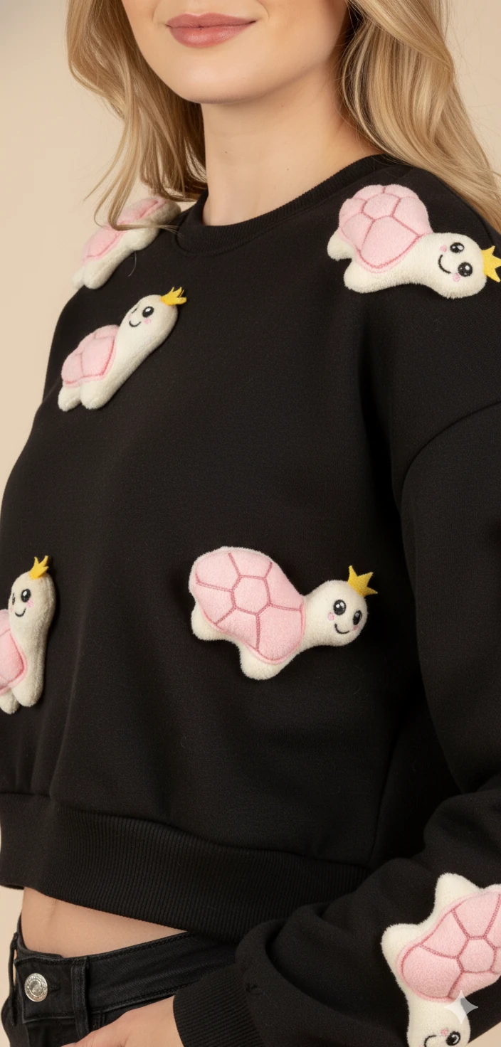 Kadın 3D Figürlü Crop Sweat Kabartmalı Karakter Desenli Bisiklet Yaka Uzun Kollu Kısa Sweat - Ekru