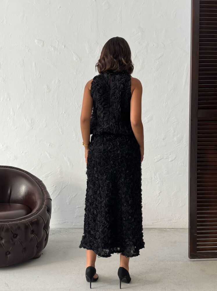 Gül Desenli Tül  Etek - Siyah