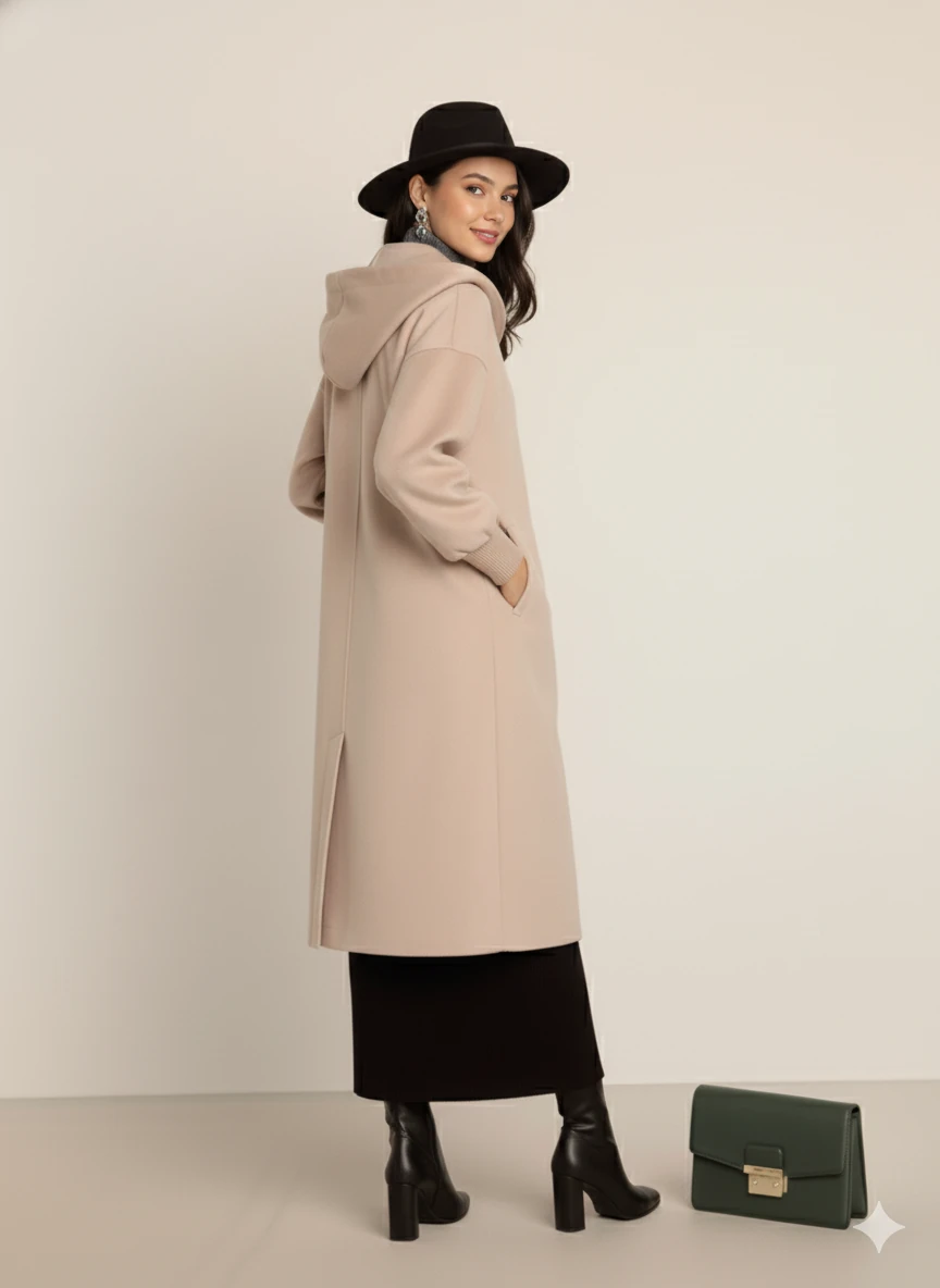 Kadın Oversize Bol Kesim Diz Üstü Siyah Kaban Büyük Cepli Yünlü Kumaş Kapüşon Detaylı - Bej