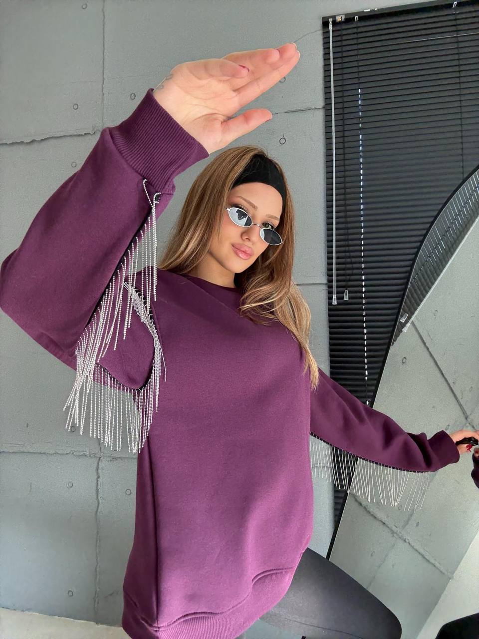 Püsküllü Uzun Kollu Sweat - Mürdüm