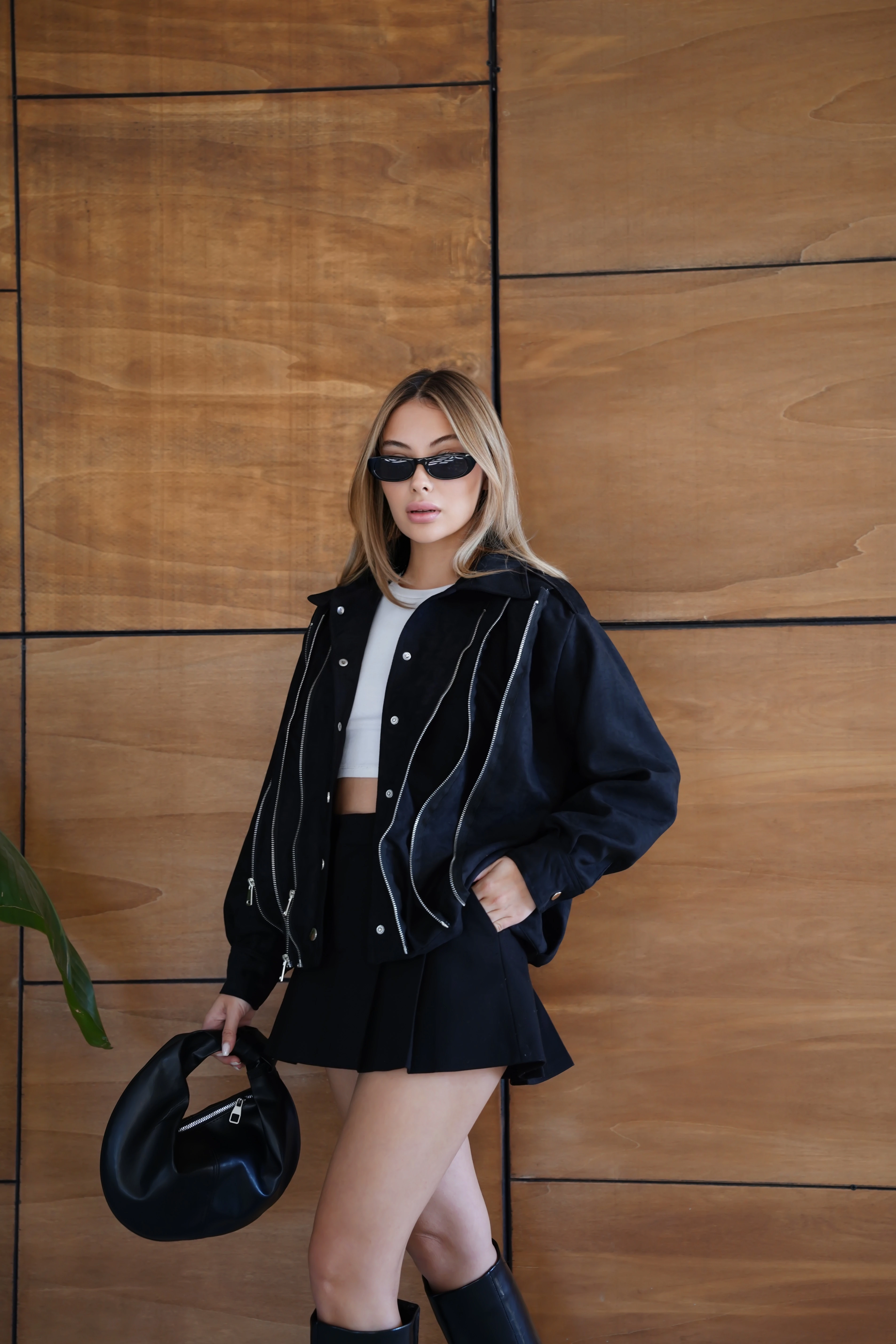 Kadın Bordo Fermuar Detaylı Kısa Ceket Bomber Gömlek Yaka Baharlık Ceket - Siyah