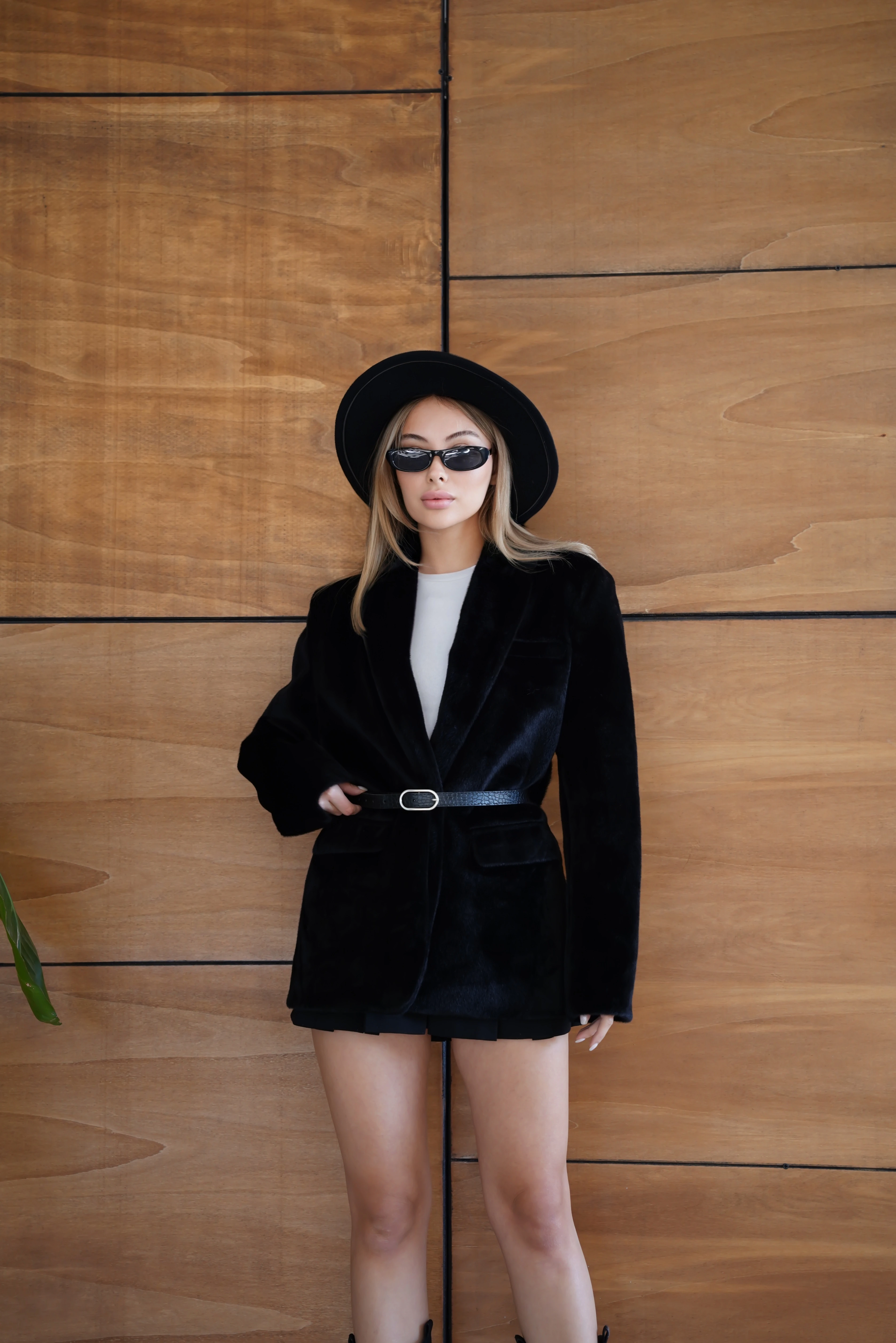 Suni Kürk Uzun Kollu Astarlı Blazer Ceket Kışlık Şık Kadın Peluş Ceket - Siyah