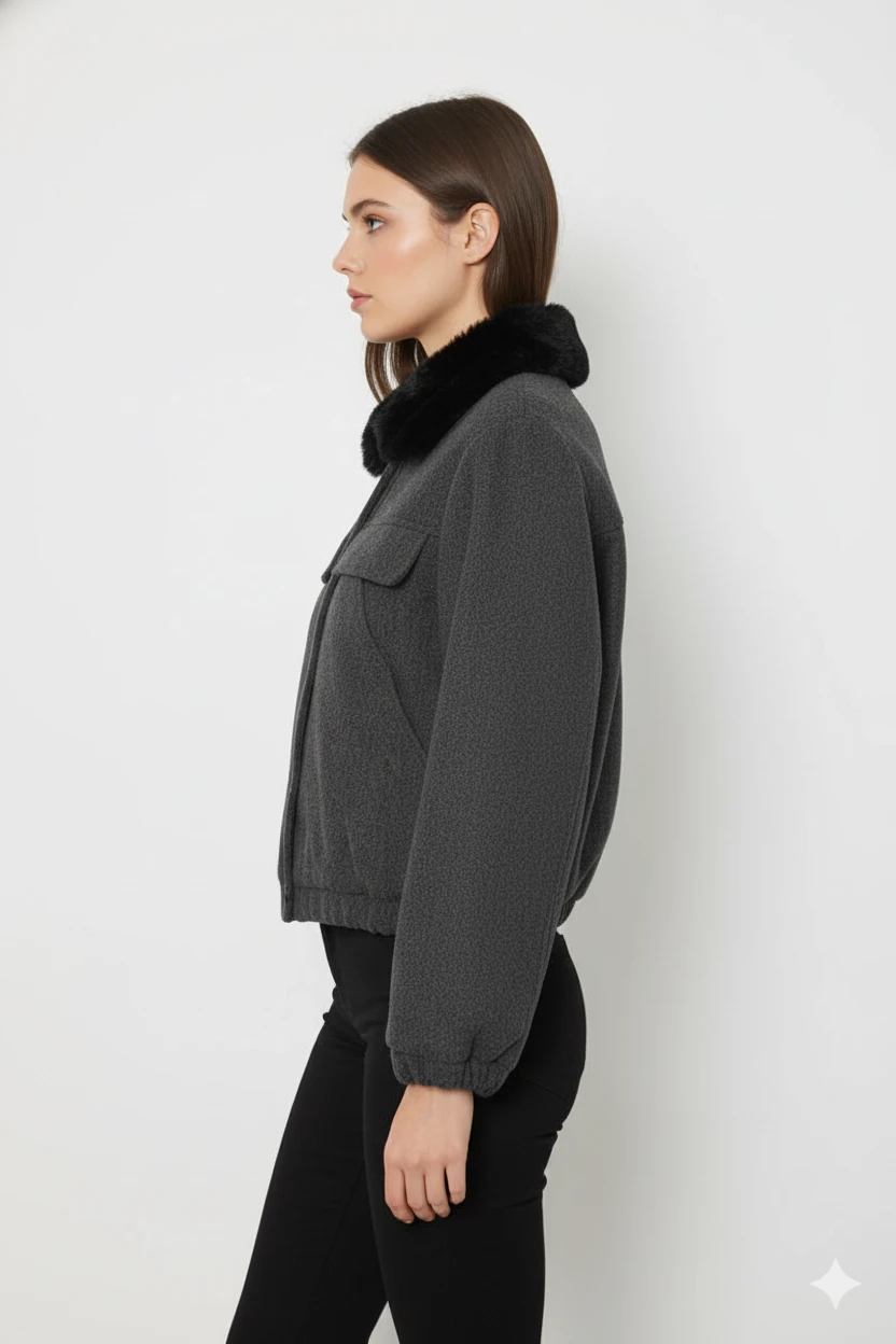 Cemo Kuzu Kürk Yakalı Düğmeli Kısa Suni Deri Ceket - Antrasit