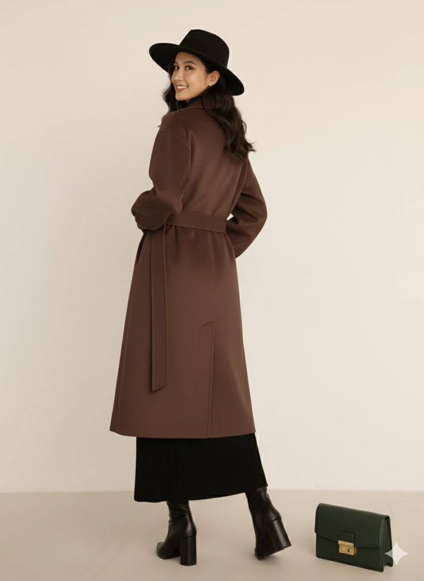 Kadın Siyah Kaşe Uzun Kaban Maksi Boy Palto Geniş Yakalı Düz ​​Kesim Kışlık  - Kahverengi