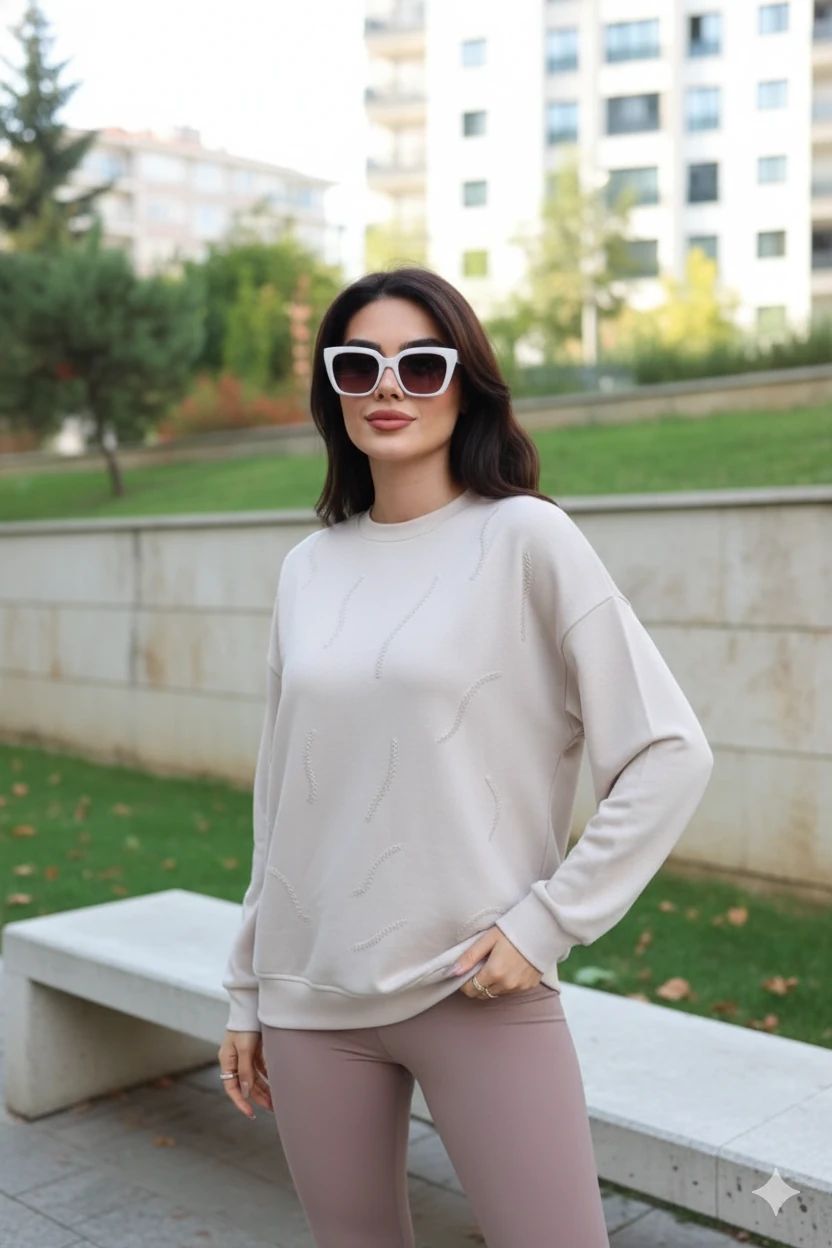 Cemo Günlük Uzun Kollu Bisiklet Yaka Basic Bluz/Sweatshirt - Bej