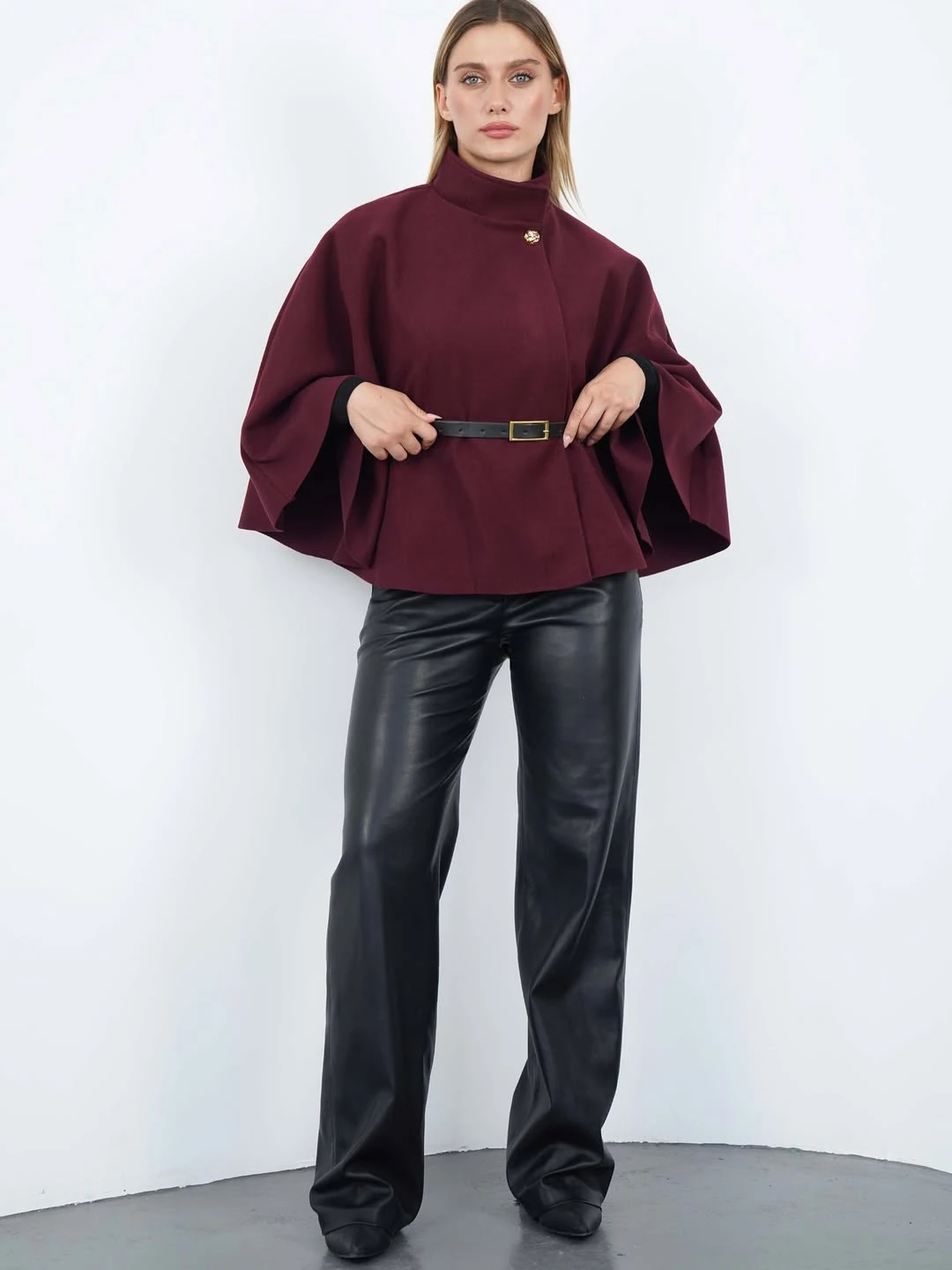 Pelerin Panço Kaban İnce Kaşe Kemer Hediyeli Gold Düğmeli - Bordo