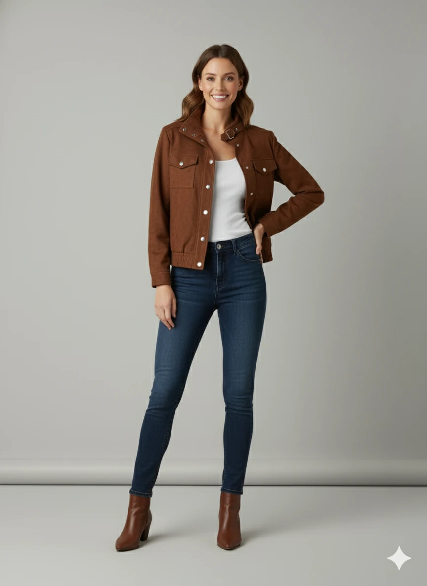 Kadın Taba Zarif Kısa Ceket Toka Detaylı Dik Yaka Cepli Süet/Kaşe Baharlık Ceket - Kahverengi