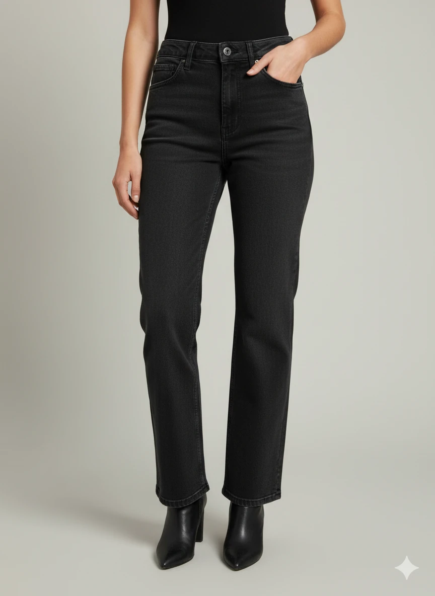 Siyah Yüksek Bel Düz Kesim Kot Pantolon Kadın