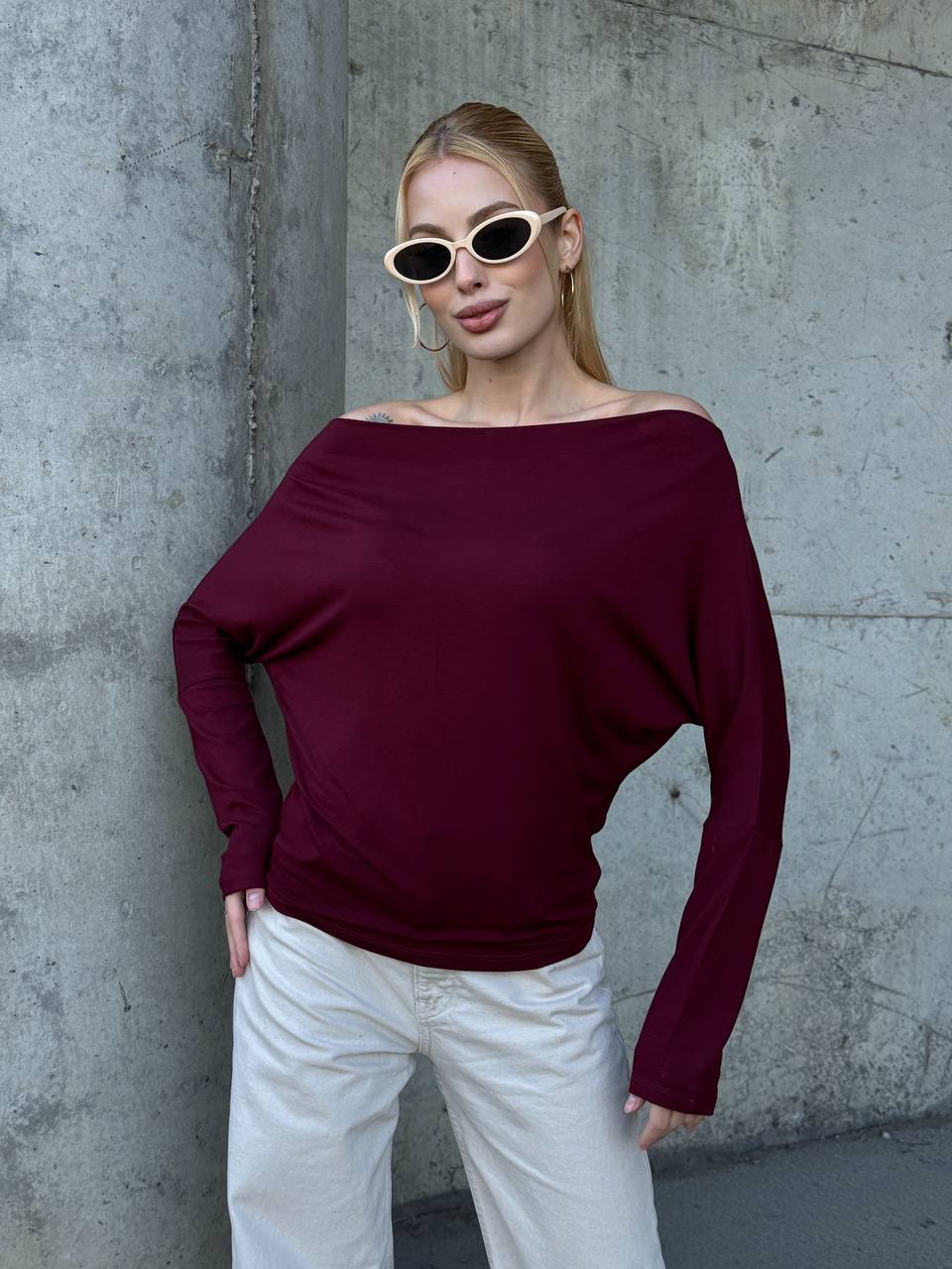 Yarasa Kol Geniş Yaka Siyah Bluz Bol Kesim Likralı Kumaş Düşük Omuz Üst - Bordo