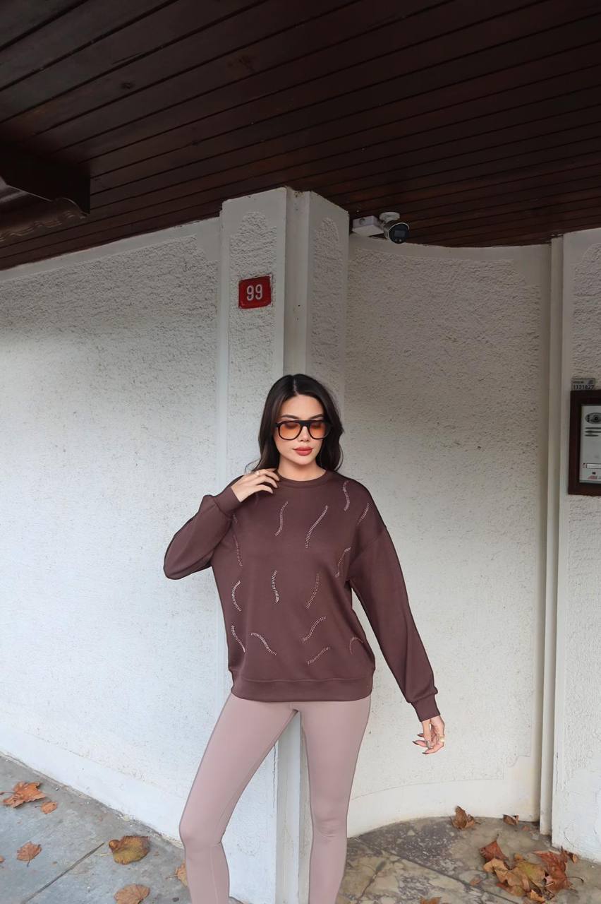 Cemo Günlük Uzun Kollu Bisiklet Yaka Basic Bluz/Sweatshirt - Kahverengi