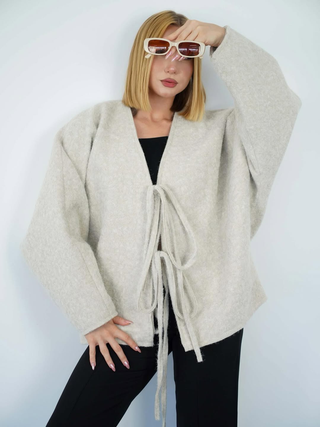 Bağlamalı Kaşe Ceket Hırka - Taş