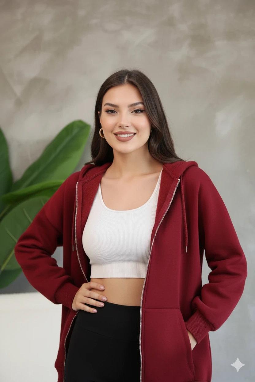 Kadın Genç Unisex Cepli Kapüşonlu Fermuarlı Sweatshirt Hırka - Bordo