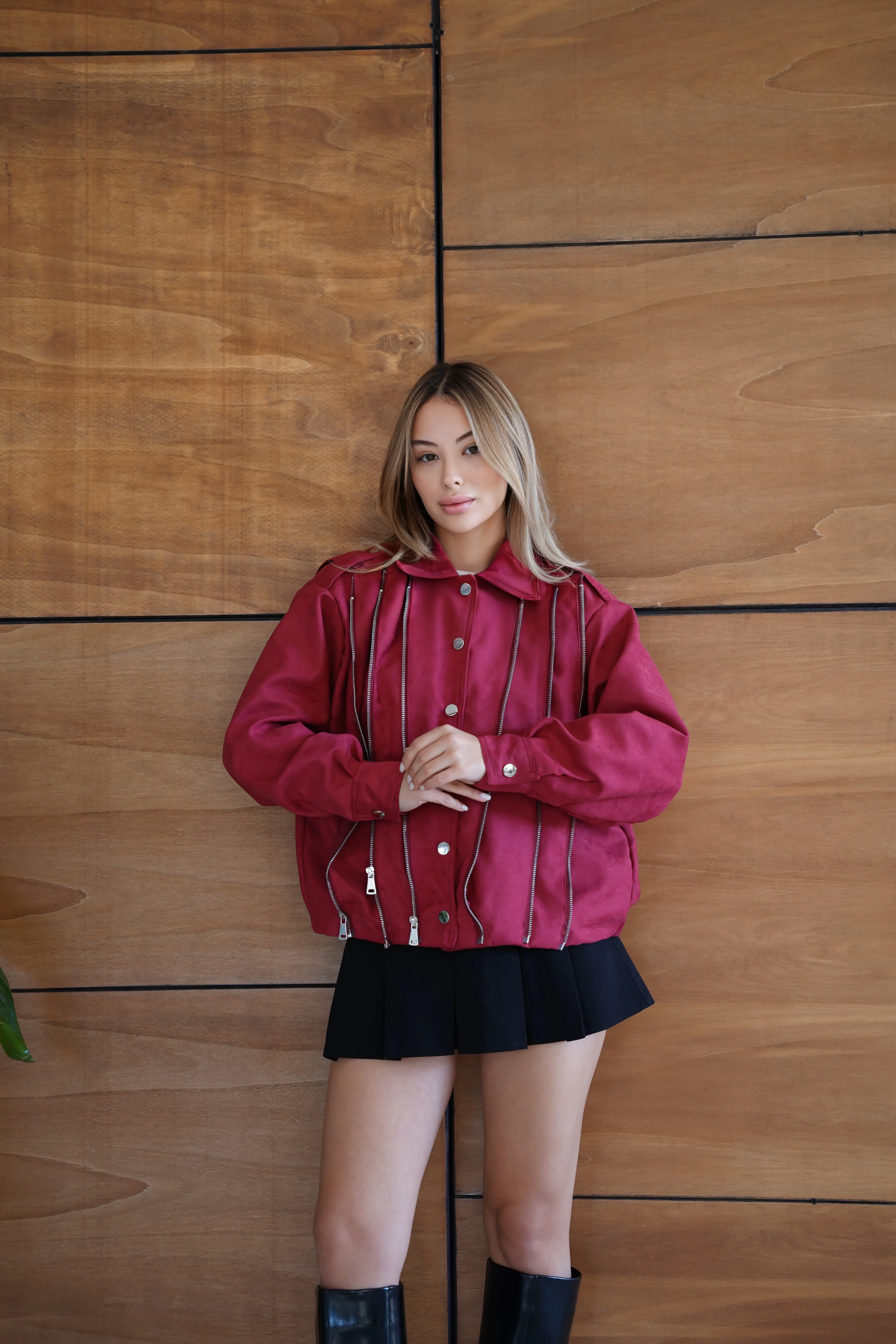 Kadın Bordo Fermuar Detaylı Kısa Ceket Bomber Gömlek Yaka Baharlık Ceket - Bordo
