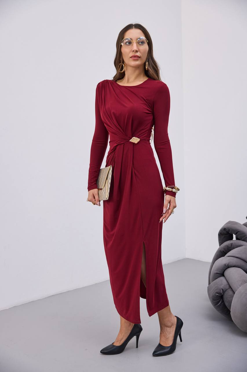 BELİ BÜZGÜLÜ TOKALI ELBİSE - Bordo