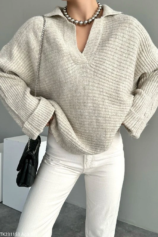 Kadın Kaburga Örgü Uzun Kollu Polo Yaka Kazak Tuniği - Ekru