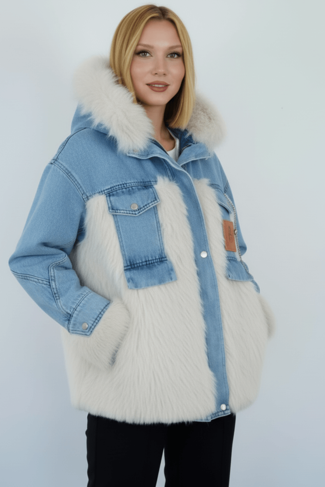 Kadın Kürk Detaylı Kemerli Denim Ceket