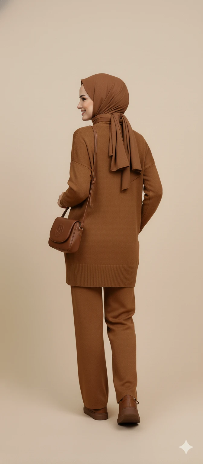 Triko Tunik Pantolon Tesettür Takım - Kahverengi