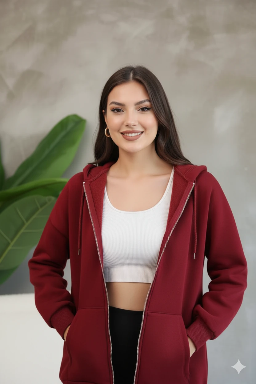 Kadın Genç Unisex Cepli Kapüşonlu Fermuarlı Sweatshirt Hırka - Bordo