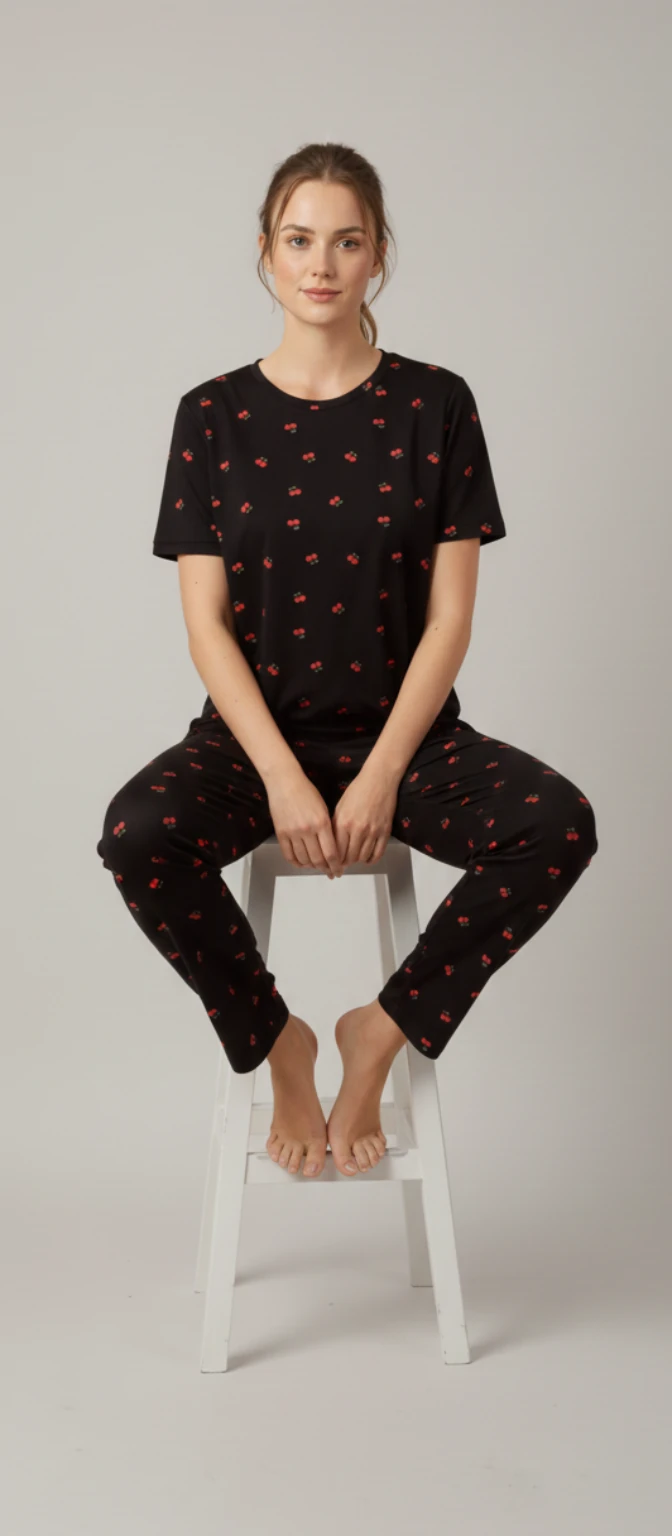 Kiraz Baskılı Çizgili Kısa Kollu Pijama Takımı