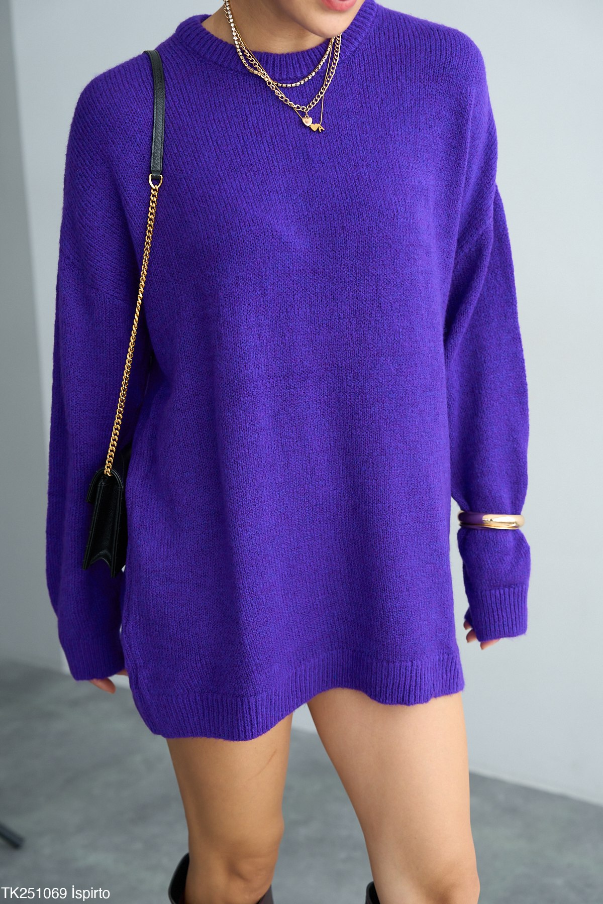 Bisiklet Yaka Tüylü Oversize Kazak - Mor