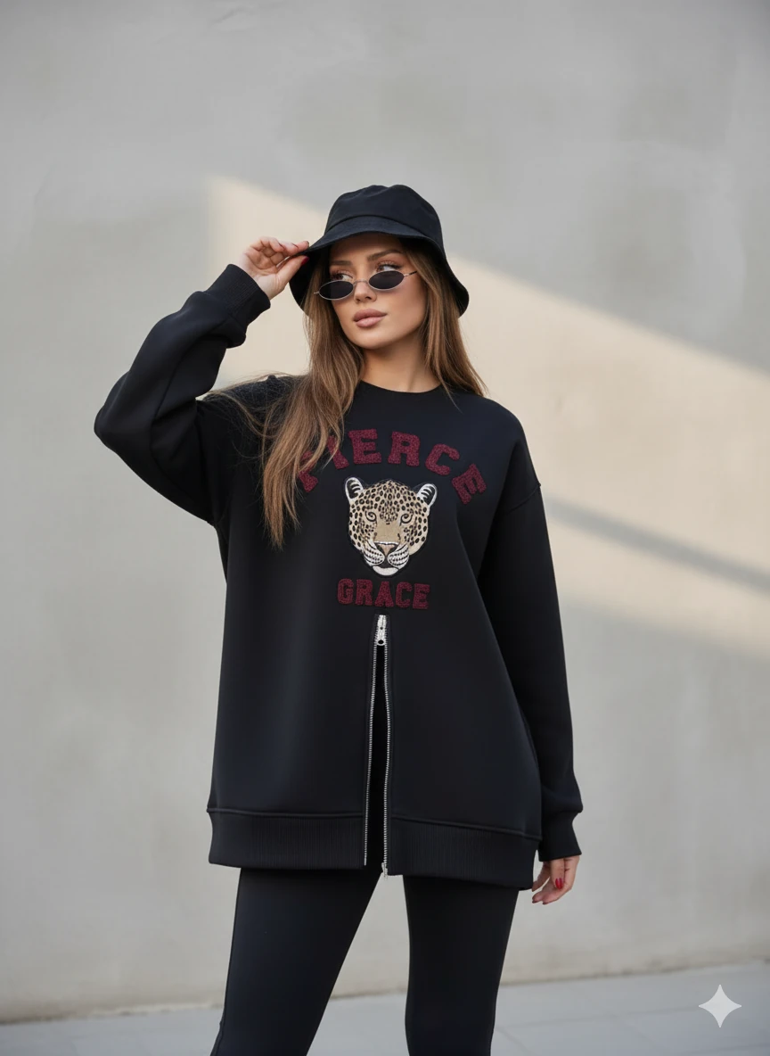Fermuarlı Leopar Baskılı Oversize Siyah Sweat