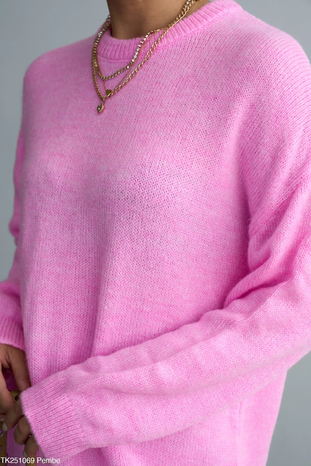 Bisiklet Yaka Tüylü Oversize Kazak - Açık Pembe