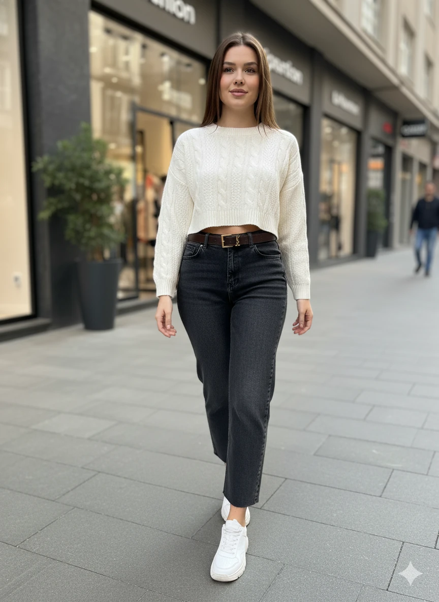 Kadın Yüksek Bel Mom Jean Kesik Paça Detaylı Gold Tokalı Kemerli Düz Kesim Denim