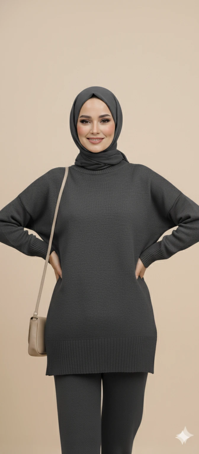 Triko Tunik Pantolon Tesettür Takım - Antrasit