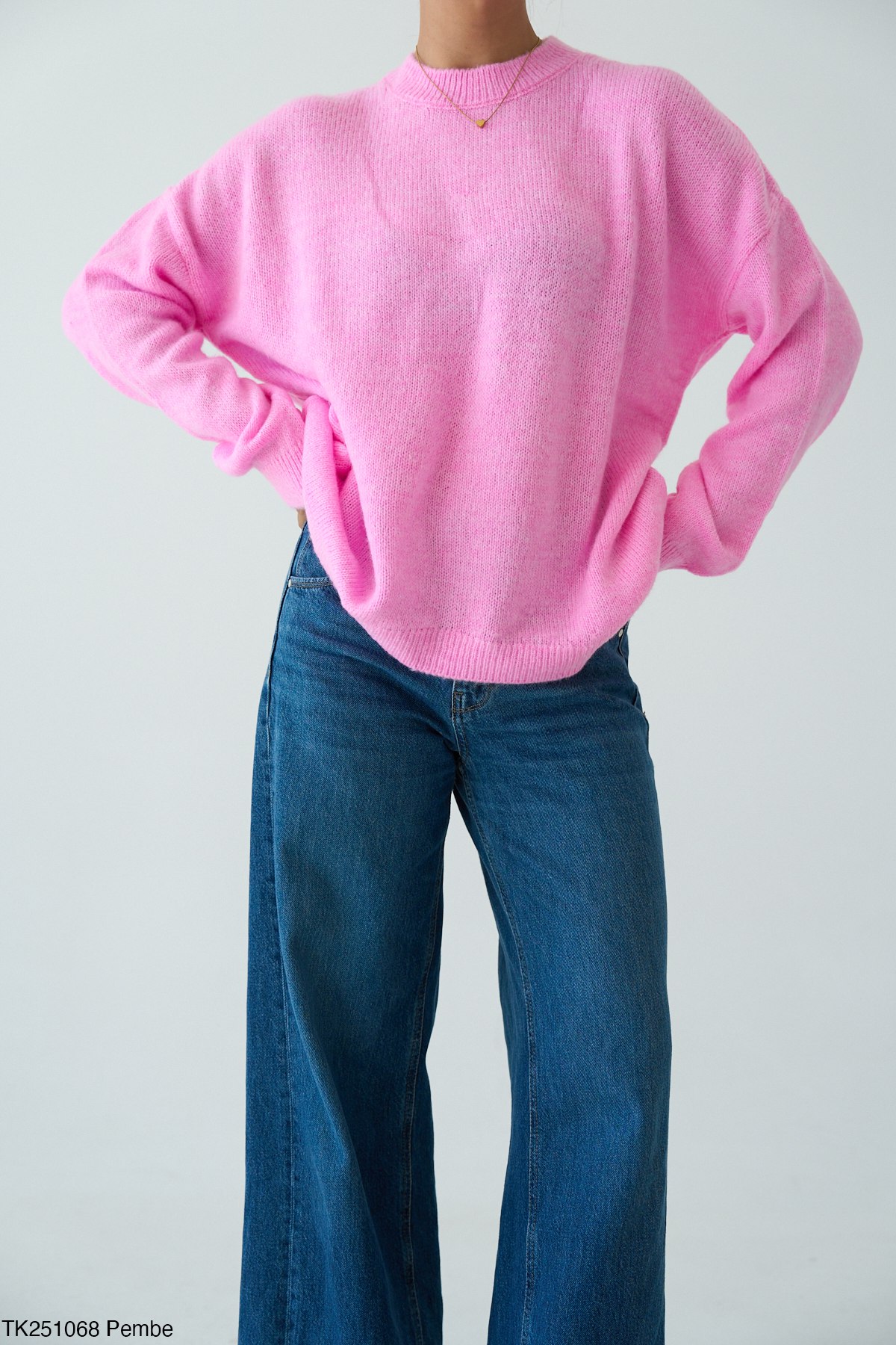 Bisiklet Yaka Oversize Triko Kazak - Açık Pembe