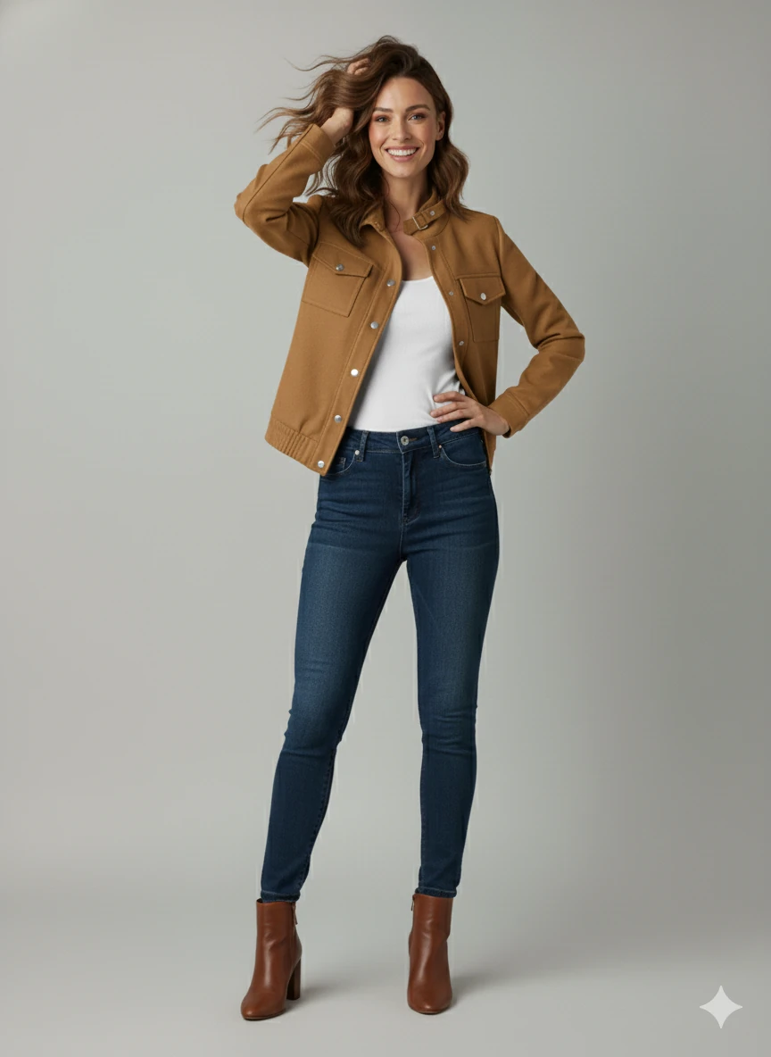 Kadın Taba Zarif Kısa Ceket Toka Detaylı Dik Yaka Cepli Süet/Kaşe Baharlık Ceket - Taba