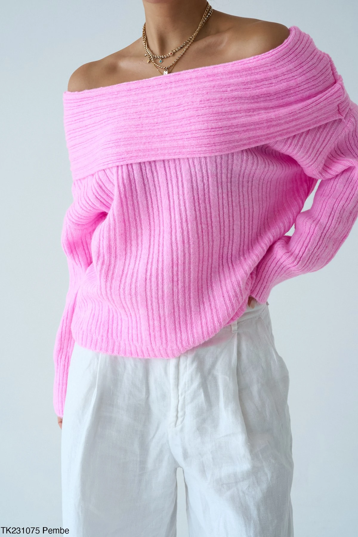 Kadın Omuz Açık Kaburga Örgü Geniş Yaka Büyük Boy Kazak - Pembe