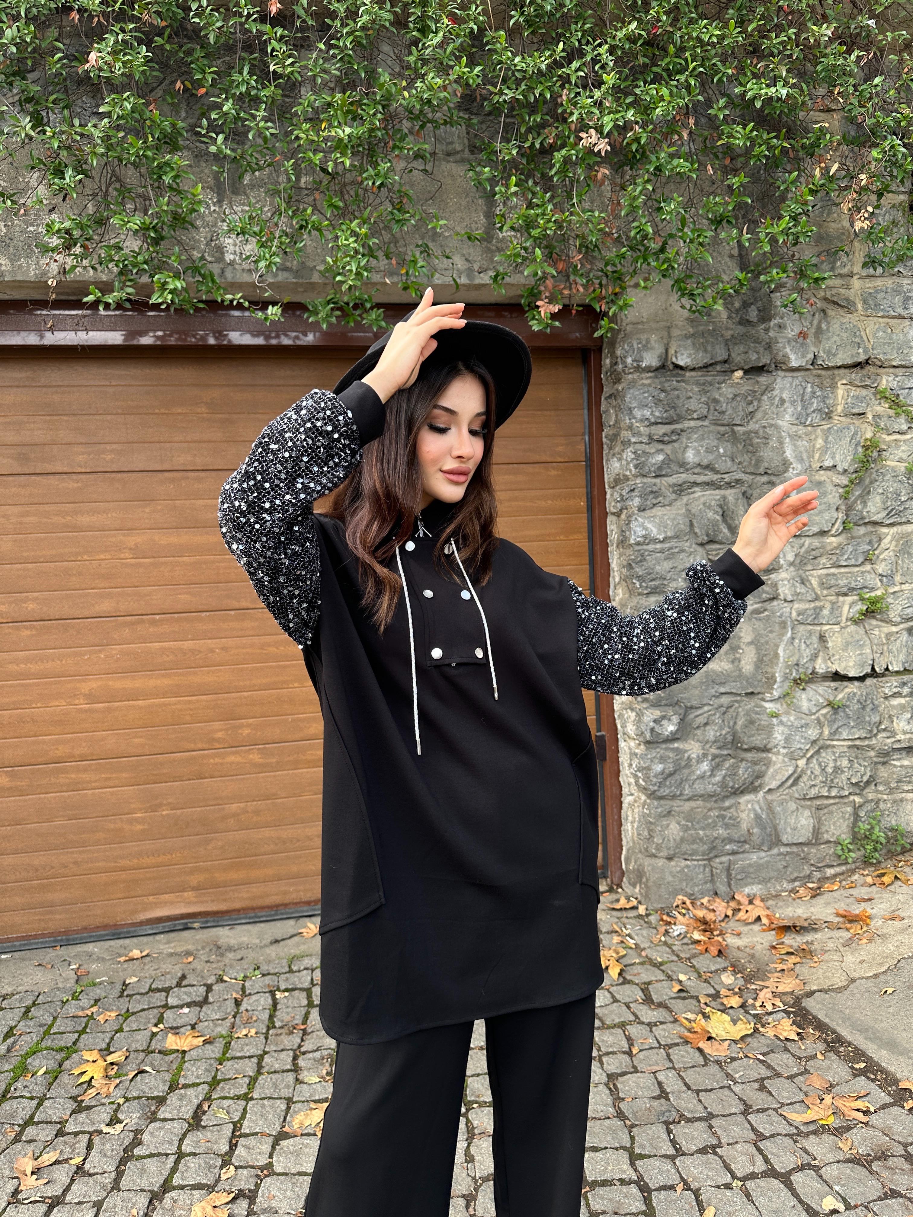 Kadın Siyah Payetli Kol Detaylı Uzun Tunik Kazak Yarım Fermuarlı Bol Kesim