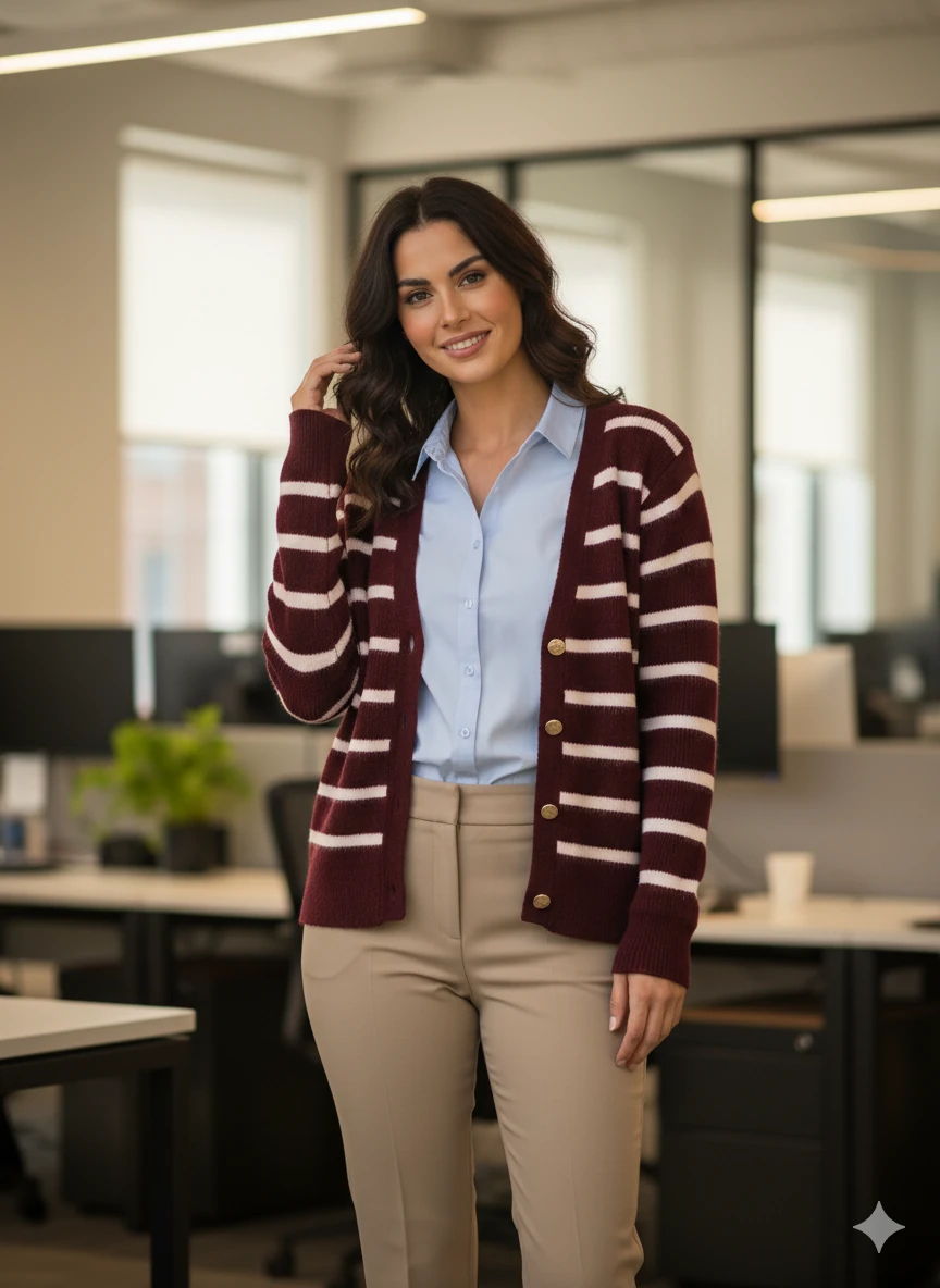 Kadın Bordo Çizgili Triko Hırka V Yaka Gold Düğmeli Örgü Hırka Ofis Şıklığı