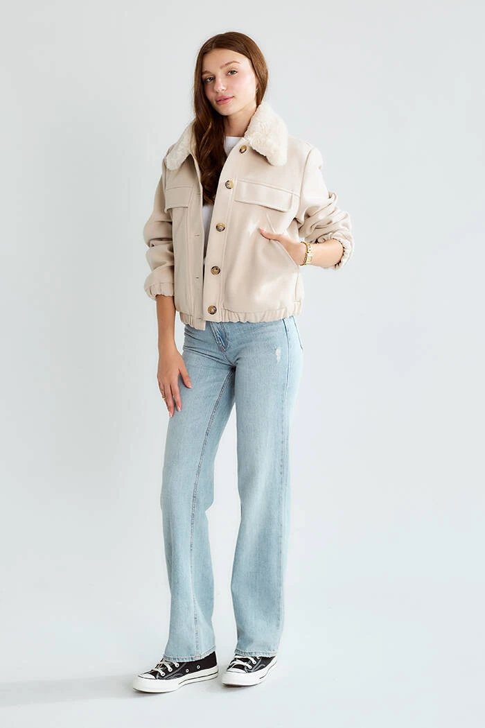 Cemo Kuzu Kürk Yakalı Düğmeli Kısa Suni Deri Ceket - Taş