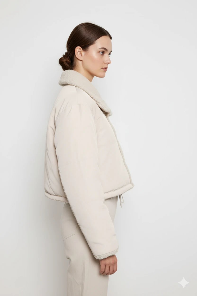 Cemo Düğmeli Kuzu Kürk Yakalı Kısa Ceket Açık Bej