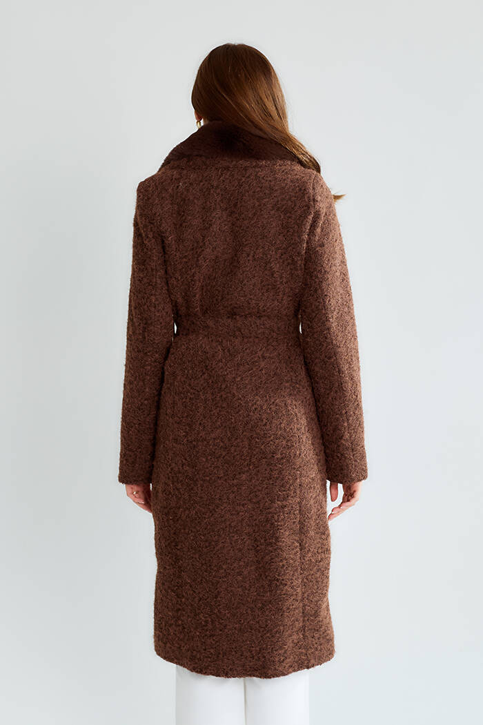 Kadın Kahverengi Bukle Kumaş Uzun Kaban Büyük Yakalı Kışlık Palto Teddy Kaban