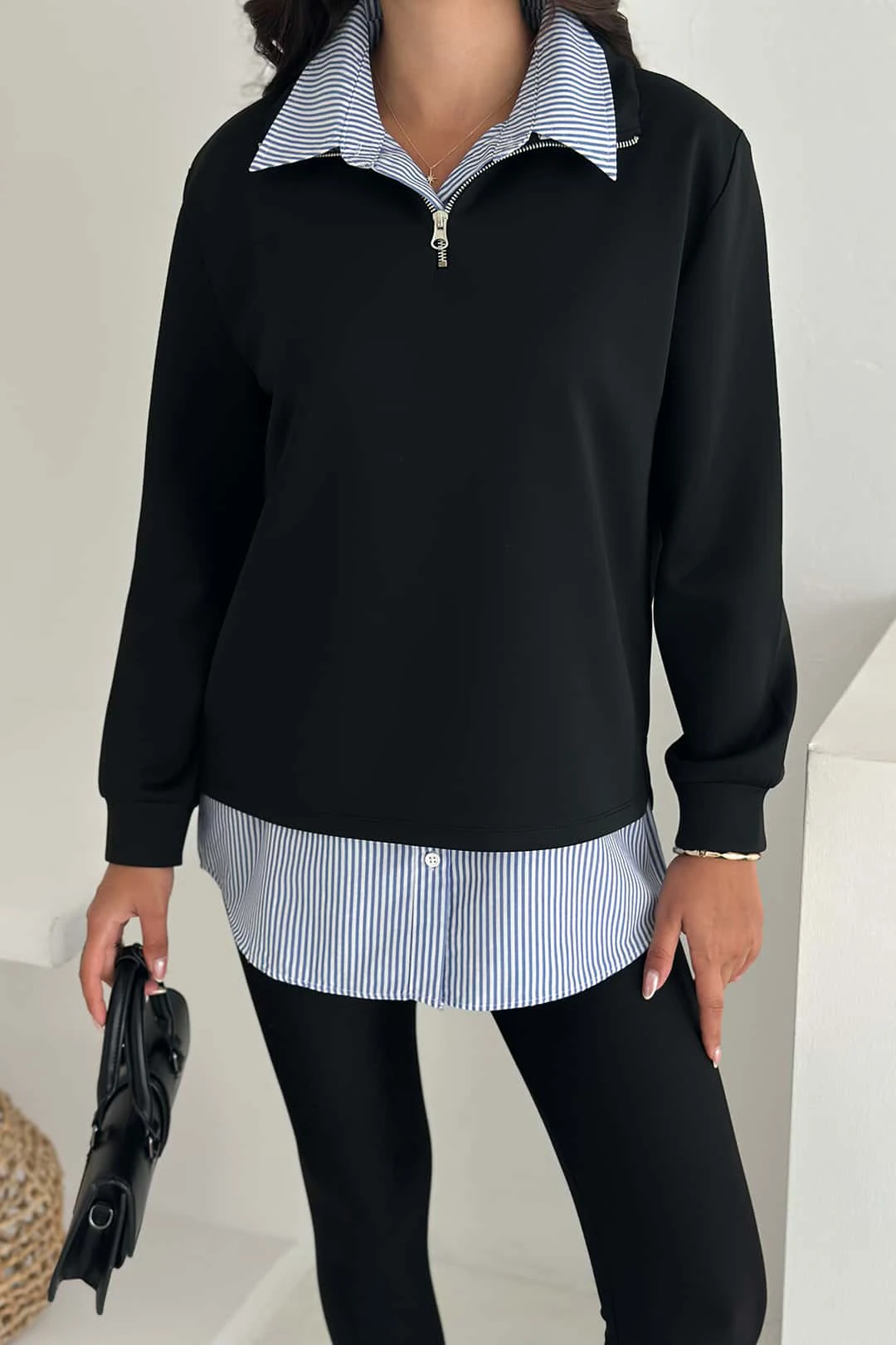 Fermuarlı Oversize Sweatshirt & Gömlek – Katmanlı Şehir Stili - Siyah