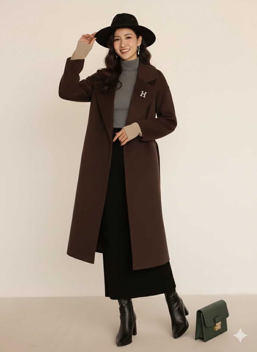 Kadın Siyah Kaşe Uzun Kaban Maksi Boy Palto Geniş Yakalı Düz ​​Kesim Kışlık  - Kahverengi