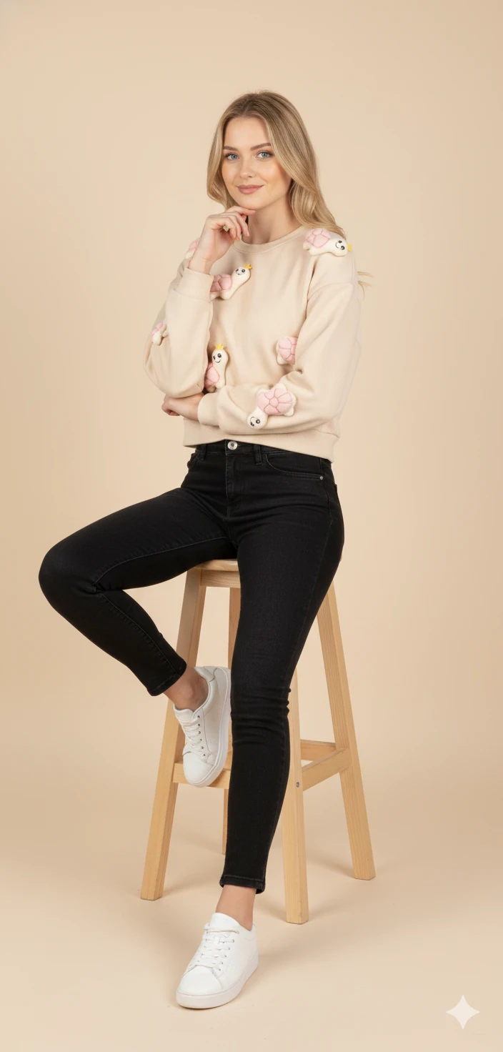 Kadın 3D Figürlü Crop Sweat Kabartmalı Karakter Desenli Bisiklet Yaka Uzun Kollu Kısa Sweat - Siyah