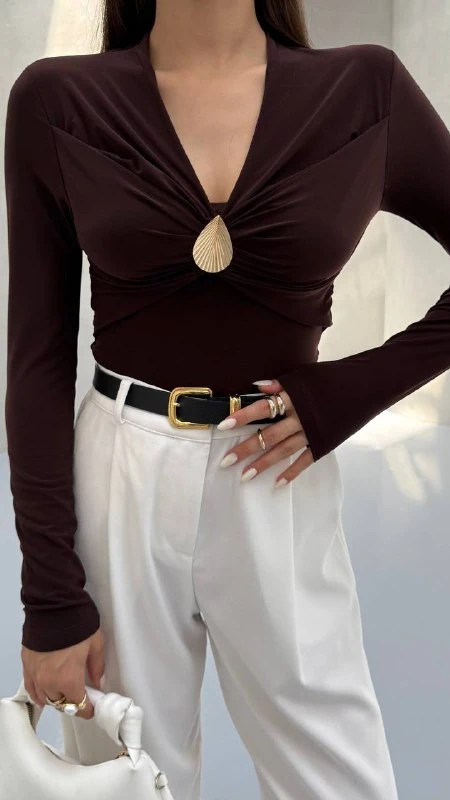 DAMLA AKSESUARLI BLUZ - Kahverengi