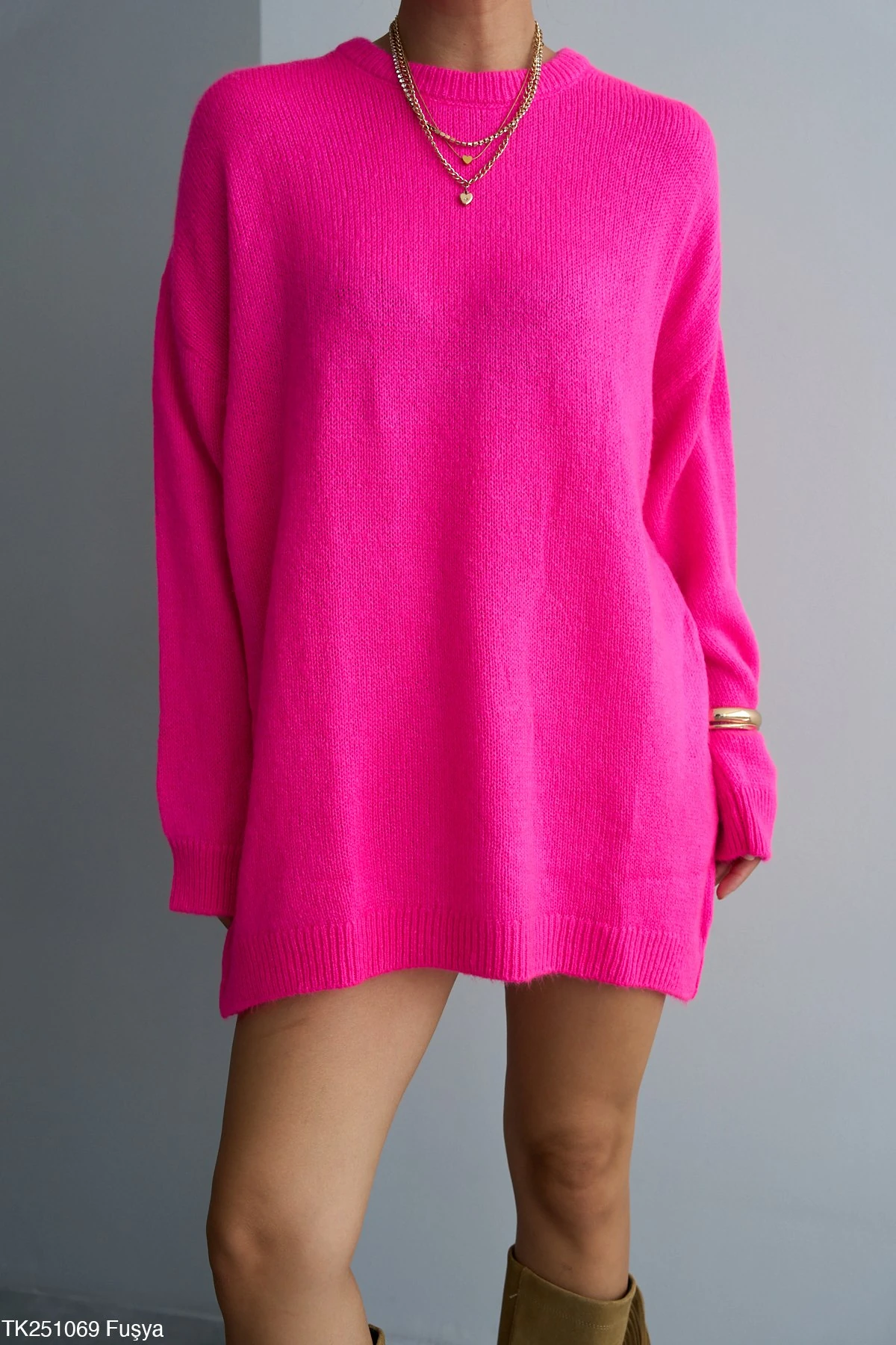 Bisiklet Yaka Tüylü Oversize Kazak - Koyu Pembe