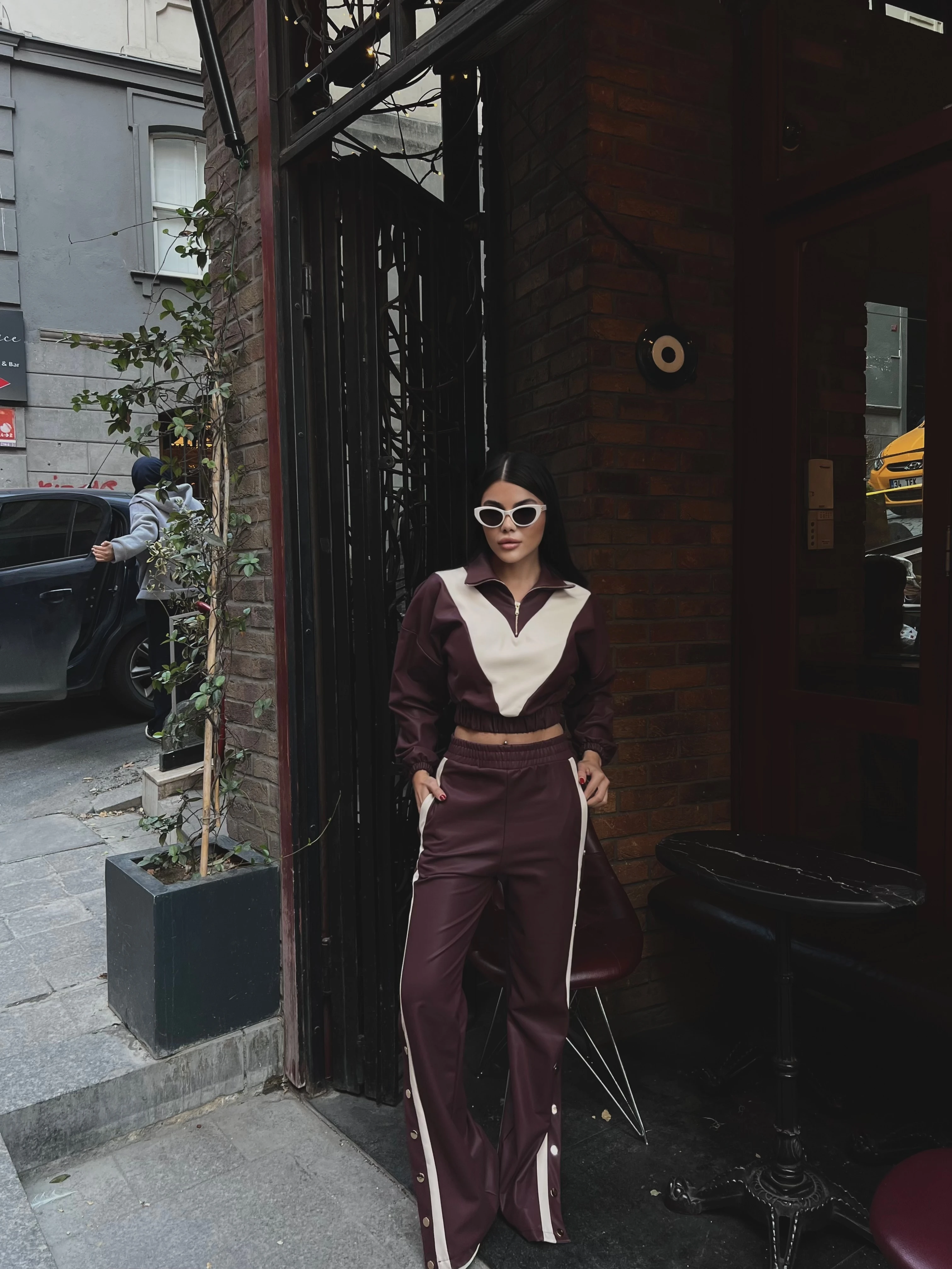 Fermuarlı Şerit Detaylı Deri Cıtcıtlı Takım