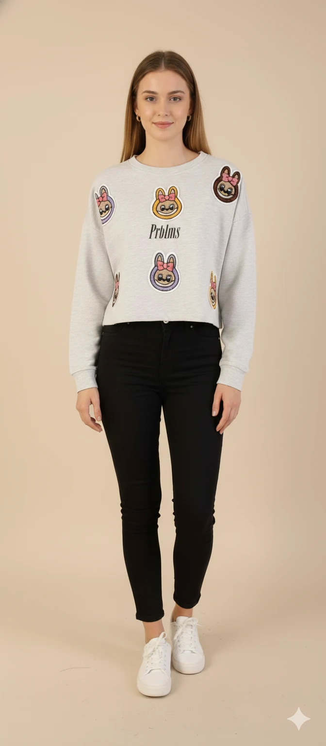 Kadın Labubu Karakter Yama Detaylı Crop Sweat Bisiklet Yaka Uzun Kollu Kısa Sweat - Gri