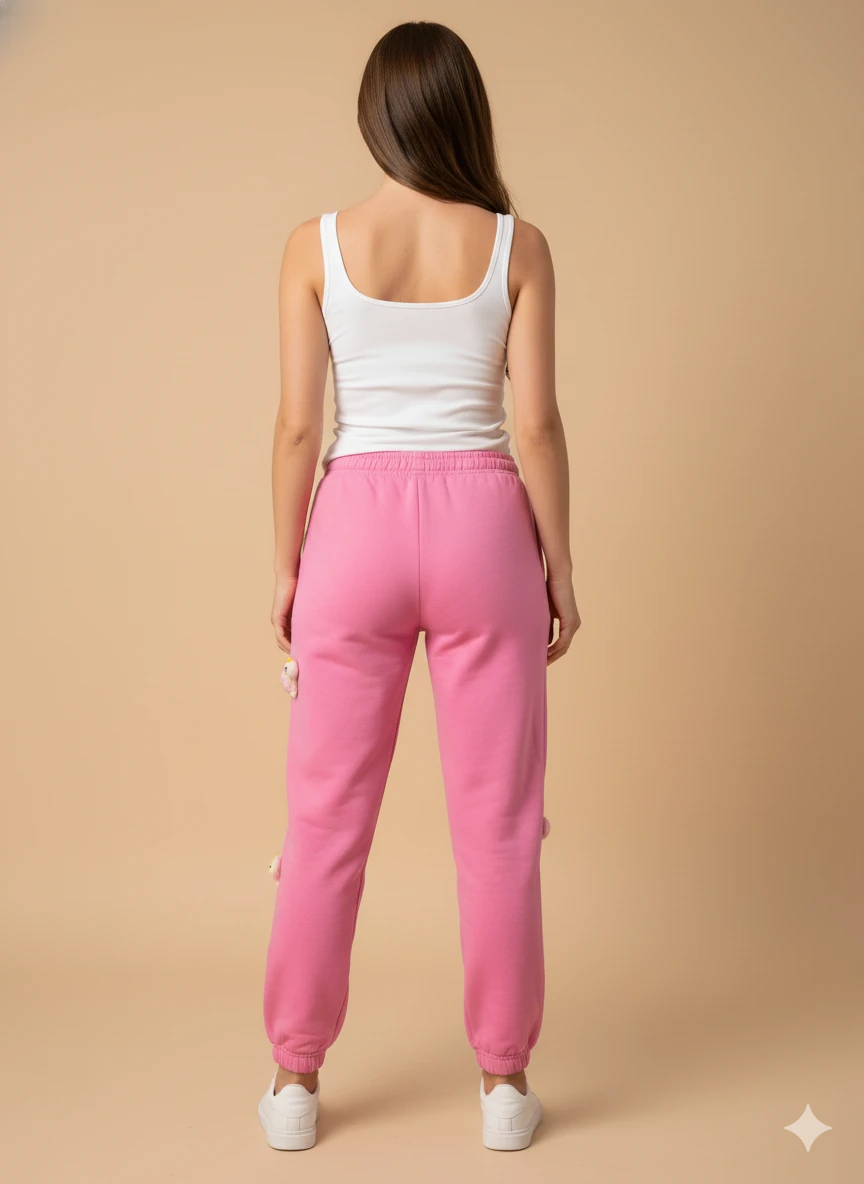 Kadın Canlı Pembe Karakterli 3D Peluş Tosbağa Detaylı Bol Kesim Eşofman Altı