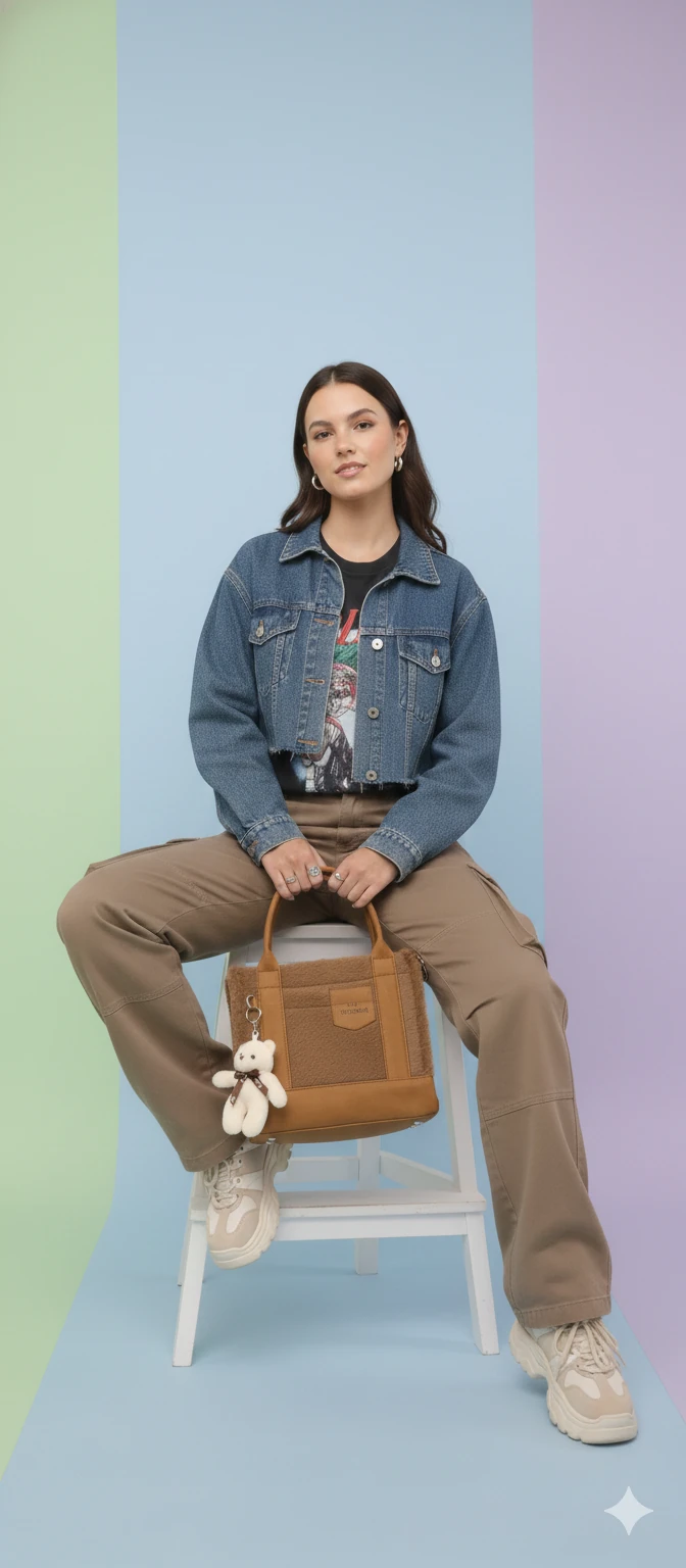 Kürk ve Teddy Ayıcıklı Tüylü Mini Tote Çanta - Kahverengi