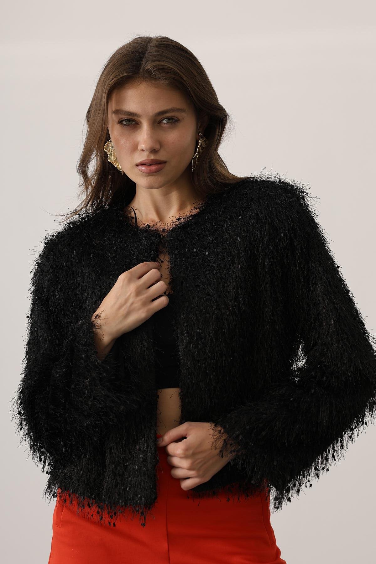 Kadın Bisiklet Yaka Astarlı Sakal İp Ceket