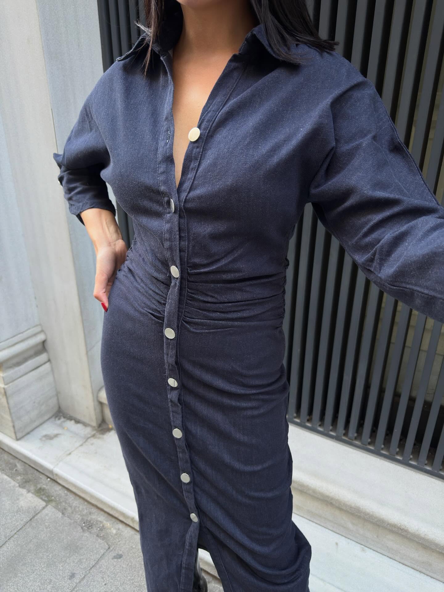 BELİ BÜZGÜLÜ KOT ELBİSE